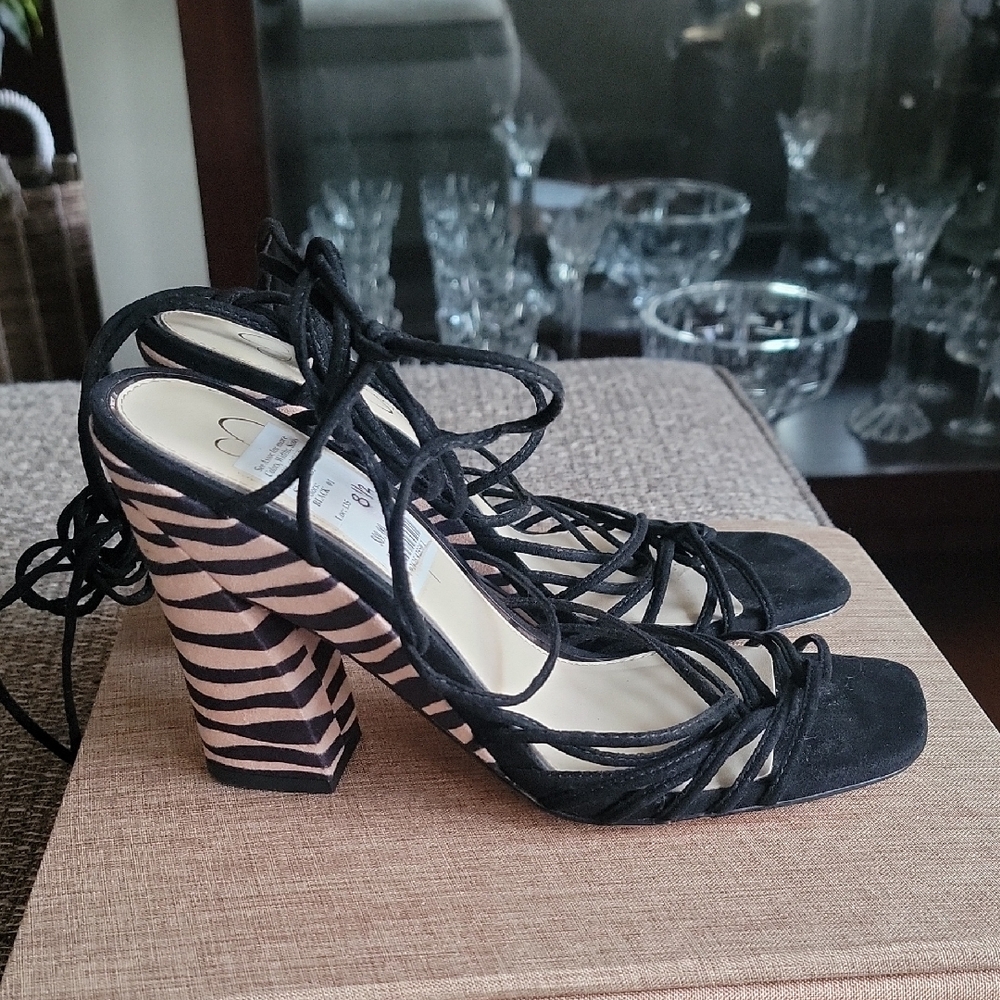 Chic Black Strappy Heels with Zebra Print Block Heel